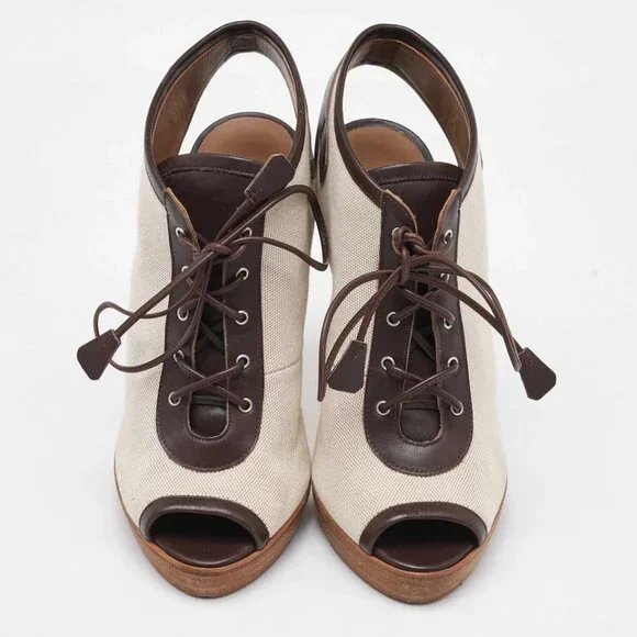 Hermes Off White/Brown Canvas and Leather Platform Booties Size 37 488-050125 - Picture 2 of 9